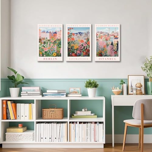 XLARTMY Flower Market Wall Art Prints Canvas Orange and Pink Floral Paintings Colorful Botanical Travel Flower Posters for Home Decor Pictures Set of 3 for Living Room Bedroom 16x24in Unframed - color: Flower Market ORange-2, size: 16x24in Canvas