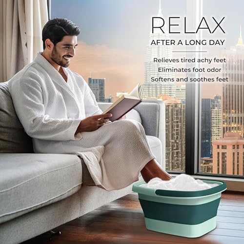 Mantello Collapsible Foot Bath Foot Soaking Tub | Portable Foot Spa Pedicure Bowl | Large Basin to Soak & Wash Feet | Folding Bucket with Carry Handle | White & Grey, Blue, Green [Green] - color: Collapsible Tub Green