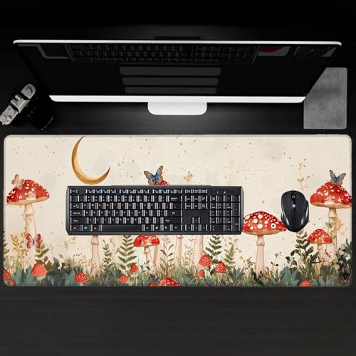 Red Mushroom Large Gaming Desk Mat,Rubber Non-Slip Enchanting Forest Mouse Pad,31.5x11.8x0.12in Extended Butterfly Mousepad,Game Lover Mice Pads Gifts,Office Home Deskmat Decor - color: Mushroom