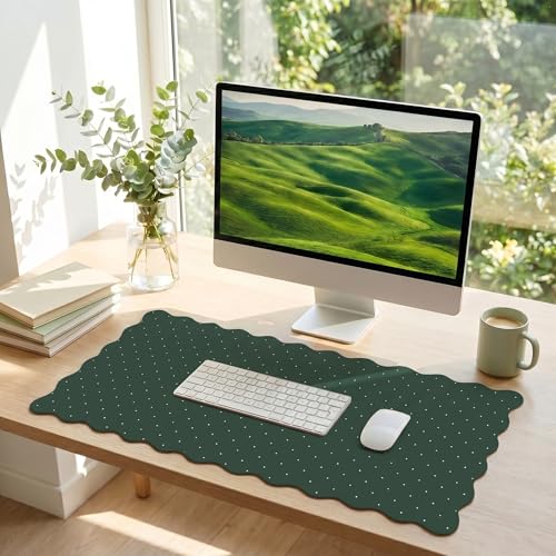 Cute Dark Green Scalloped Desk Mat with Polka Dot Large Mouse Pad Computer Mat Aesthetic Keyboard Mat for Desktop Laptop Protector for Office & Home - color: A2- Dark Green