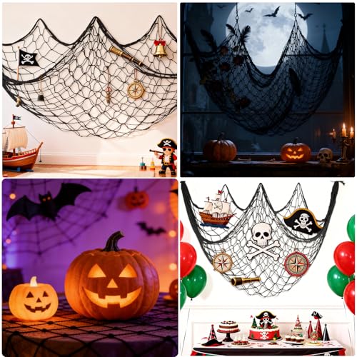 2 Pack Fish Net Decorations, 80x40 Inch Black Fishing Net Decor for Pirate Under The Sea Beach Theme Party, 3mm Thick Natural Cotton Versatile Nautical Netting for Wall Table Ceiling Halloween Decor - color: Black, size: Large - 2 Pack