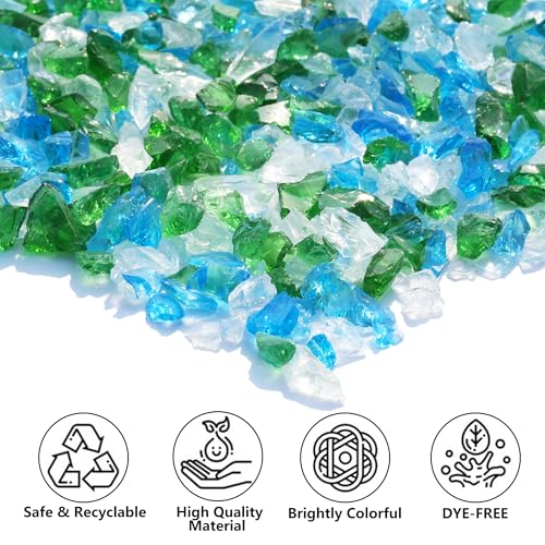 QYGL Crushed Glass - 2.1LB Green Mixed Broken Glass Pieces 3-6mm, for Resin Art, DIY Crafts, Home Decor, Vase Fillers, Tabletop Fire Pit, and Aquarium Rocks - color: Green, Aquamarine, White