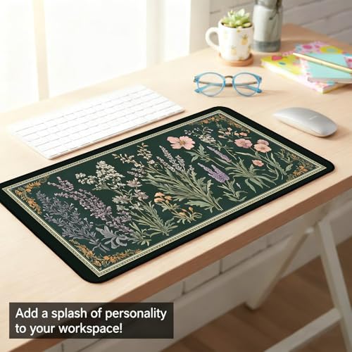 Deep Green Retro Desk Pad, Plant Flower Mouse Pad XXL, Large Gaming Mouse Mat, Laptop Pad, Desktop Protective Pad, Computer Mats with Stitched Edges, Women Office Desk Accessory 31.5"X15.7" - color: Green Lavender