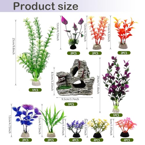 SLOCME 25 PCS Aquarium Plants & Rock Cave Decorations Set – Colorful Fish Tank Plastic Plants Ornaments with Resin Rock Hideout, Realistic Aquarium Decor Accessories for Freshwater & Saltwater Tanks