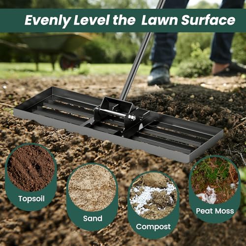 Goplus Lawn Leveling Rake, 30" x 10" Heavy Duty Level Lawn Tool w/ Ergonomic Handle for Soil, Effort-Saving Landscape Rake for Garden, Backyard, Golf Course, Farm, Pasture, Black - style: 30" x 10", Black