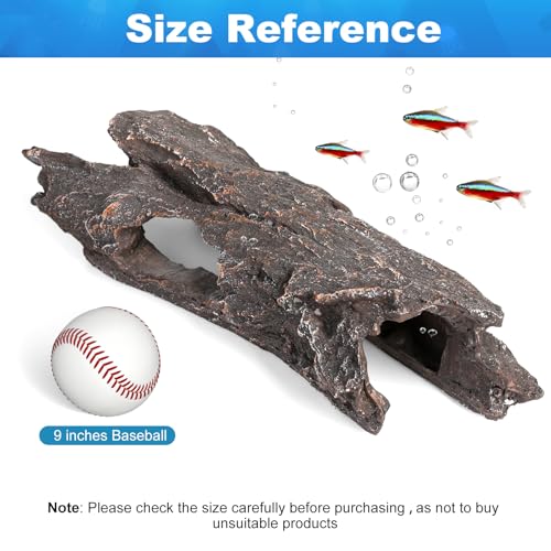 Fish Tank Decorations - Aquarium Cave Decor, Resin Hollow Tree Trunk Reptile Hide & Betta Log Hideout for 20 Gallon Tank, Fish Accessories Shelter Cave