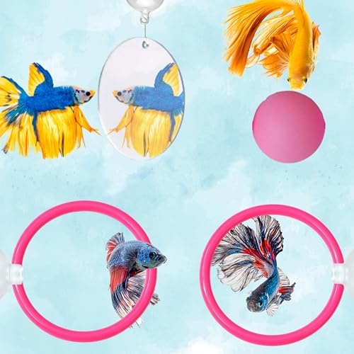 Betta Fish Enrichment Toys Ring with Mirror and Floating Ball, Exercise Mirrors and Training Ring, Floating Mirrors Aquarium with Feeding Rings, Betta Fish Tank Accessories (Pink+Mirror+Ball, 6.4cm) - color: Pink+Mirror+Ball