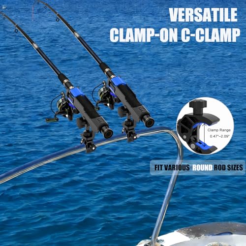 Fishing Rod Holder for Boat, Clamp on Fishing Pole Holders for Boats Fit Round Tube, Secure Rod Holders with Protective Bungee Cords and Sliding Loop for Anglers Gift