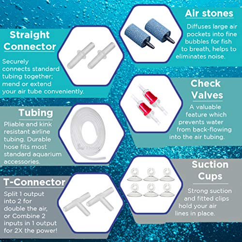 Rhinox Aquarium Airline Tubing Set, Self-Assembly CO2 Diffuser Kit, 6-Feet Airline Tubing, 2 Air Stones and Check Valves, 4 Connectors, 6 Suction Cups