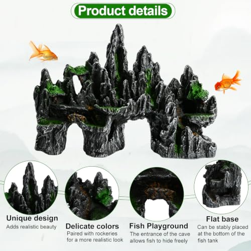 Aquarium Rock Mountain Ornament Fish Tank Decor Safe Resin Hideout (Large) | Non-toxic aquarium-safe resin - size: Large