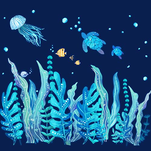 Tenare 5 Sheets Glow in The Dark Ocean Sea Turtle Wall Decals Stickers Under The Sea Stickers Seaweed Grass Jellyfish Fish Removable Vinyl Decal for Bedroom Bathroom Baby Nursery Room Wall Decor(Blue) - style: Glow Style