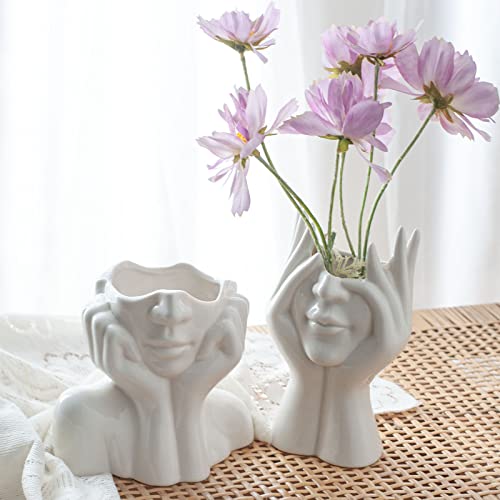White Ceramic Face Vase Set of 2, Female Form Modern Vases Head Half Bust Vase for Flowers, Decorative Vases Centerpieces for Table Home Office Decor - color: White Face Set of 2