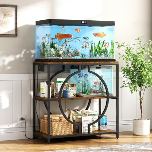 HavenlyYouth 20-29 Gallon Aquarium Stand with Power Outlet, 3 Tier Heavy Duty Metal Fish Tank Stand with Storage Shelf, Fish Tank Table for Home Office, 31.5" L x 15.7" W x 31.2" H, Rustic Brown - size: 20-29 Gallon