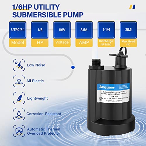 Acquaer Submersible Water Pump 1/6 HP Sump Pump Thermoplastic Utility Pump Small Electric Water Pump 1750GPH Water Remove for Basement Hot Tubs Garden Pool Cover Draining with 10 ft Cord - color: Gery