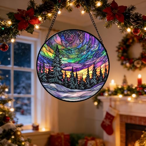 DASTOLL Stained Glass Window Hanging, Van Gogh Night Scene Sun Catchers Colorful Glass Panel Starry Sky Suncatcher Decor for Birthday for Women, Men, Wife, Aunt, and Mom 9.8 in - color: Blue, size: 9.8x9.8 IN