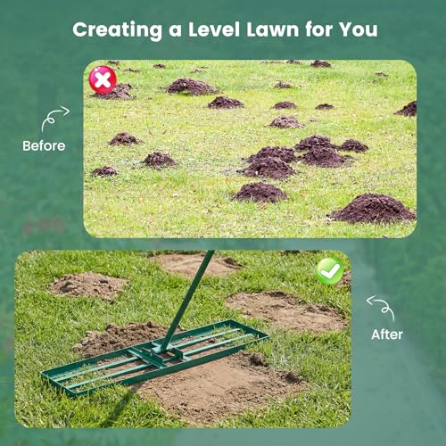 Goplus Lawn Leveling Rake, 42" x 10" Heavy Duty Level Lawn Tool w/ Ergonomic Handle for Soil, Effort-Saving Landscape Rake for Garden, Backyard, Golf Course, Farm, Pasture - style: 42" x 10", Green
