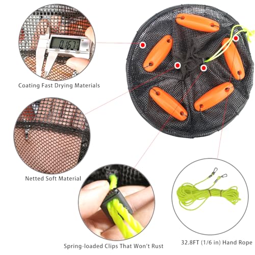 Drasry Large Portable Floating Fishing Basket for Caught Bait Shrimp Minnow Crab Live Well Coated Nylon Net Mesh Collapsible Storage Cage Rubber Kayak Fish Net Bucket - color: Black, size: 12.6 * 12.6* 15"