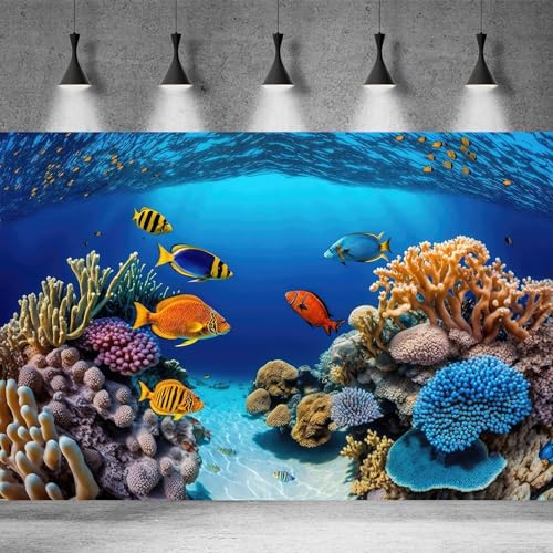 Underwater Tropical Coral Reef Aquarium Background Ocean Floor Fish Tank Backdrop Aquatic Plant Fish Landscape Terrarium Background Decorations Underwater World Theme Aquarium Poster Decor 24x12in - color: Pure Blue, size: 24(W)x12(H)in