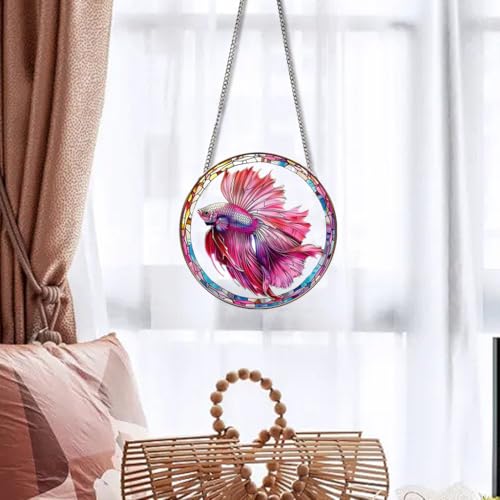 Betta Fish Stained Window Hangings with Chain – Acrylic Pink Fish Ornament for Garden, Patio and Indoor Decor, Housewarming Gift for Mom, Grandma and Fish Lovers