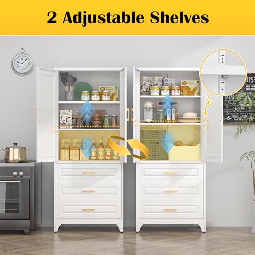 SteeLoong 75" Kitchen Pantry Cabinet with 3 Drawer,Metal Storage Cabinets with Doors and 4 Adjustable Shelves,White Kitchen Cabinet with 2 Gold Handles,Food Cupboard for Livingroom,Pantry, Bathroom - color: White, size: 75"H 3 Drawers