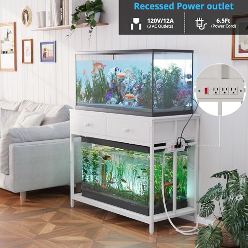 VOWNER 40 Gallon Aquarium Stand with Power Outlet, Metal Frame Fish Tank Stand with Cabinet Storage, Double Turtle Reptile Terrariums Tank Stand, 39.4" L*18.9" W Tabletop, 660LBS Capacity, White - color: White