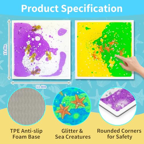 Liquid Sensory Floor Tiles for Kids Ages 3+ - Colorful Liquid Play Mat with Glitter & Sea Creatures, 11.8"x11.8" Interactive Fidget Pad, Birthday Gift for Toddlers Boys Girls(4-Pack) - style: Ocean Tiles (4-Pack)