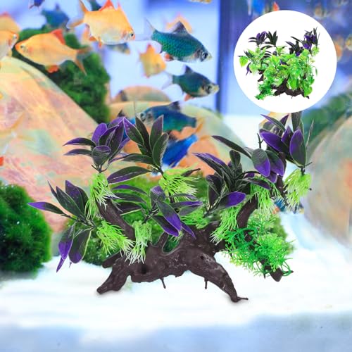 Abaodam 2pcs Artificial Aquarium Plants with Driftwood Ornament, Simulated Resin Water Grass Fish Tank Decorations for Home and Public Aquariums