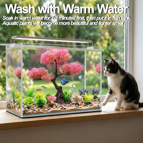 Pink-Cherry-Blossom-Tree-Aquarium-Decor: 10Pcs Artificial Plastic Plants Fish Tank Decorations Grass Set for Betta Goldfish Hides Accessories Gallon Fish Bowl Ornaments