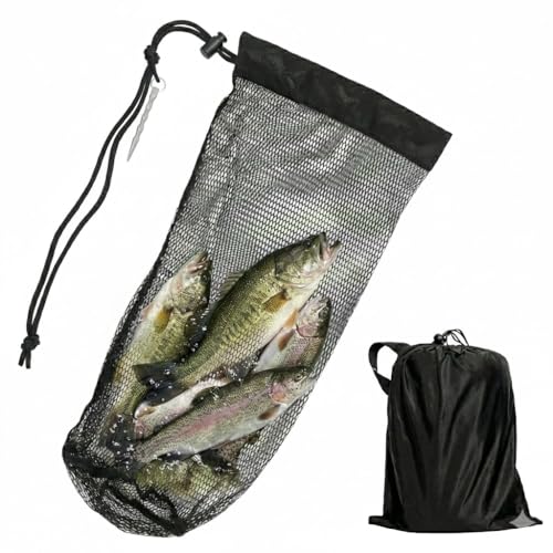 32" Collapsible Fishing Keep Net with Ground Spike, Portable Mesh Bag for Caught Fish, Heavy Duty Basket & Bait Holder, Red de Pesca for Kayak or Ice Fishing Livewell, Small Lobster Catching Net