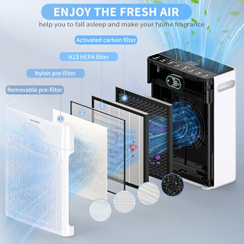 Air Purifiers for Home, PM 2.5 Air Quality Monitor Cover Up to 2200 Ft² with Pet mode, Timer, H13 HEPA Air Purifier with Washable Pre-filter, Fragrance Sponge for Smoke, Odor, Dander(Black) - color: BLACK