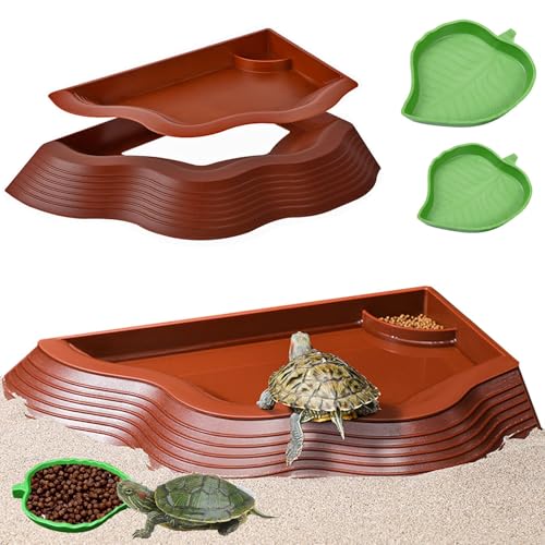 Tortoise Water Bowl with Ramp, 3PCS Leaf Reptile Food Water Bowl Turtle Pool Reptile Water Dish Tortoise Bathing Pool Turtle Soaking Dish Aquarium Habitat Accessories Small - size: Small