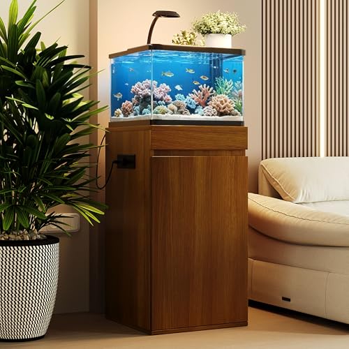 10-15 Gallon Aquarium Stand with Power Outlets, Farmhouse Fish Tank Stand, Reptile and Terrarium Stand with Drawer and Cabinet Storage, Sturdy Heavy Duty 16.9" - color: Brown 16.9" L