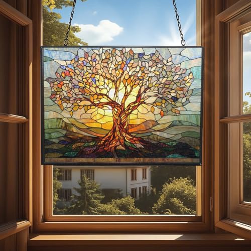 Retangle Art Nouveau Tree of Life Stained Glass Window Hanging Window Suncatcher Glass Panel with Metal Chain Sun Catchers Wall Art Home Decor Gift for Women Mother's Day - color: Art Nouveau Tree of Life 2, size: 15x11 IN