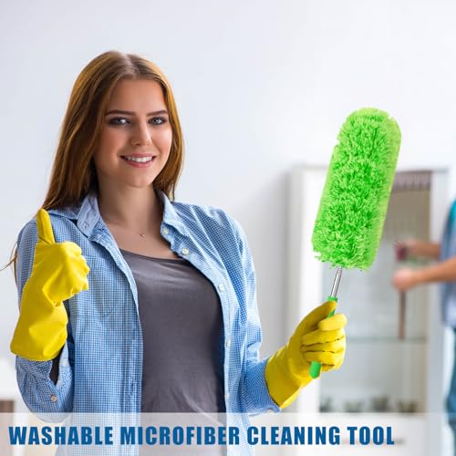 Tanlade 12 Pcs Microfiber Feather Duster for Cleaning 13-31 Inch Extendable Cobweb Dusters Ceiling Fan Duster Washable Bendable Tool for Office Car Window Furniture (Green) - color: Green