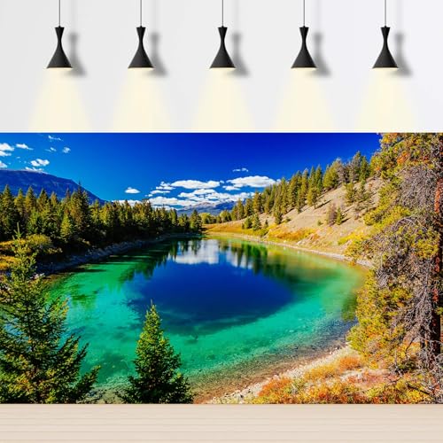 Majestic Lake Aquarium Background Aquamarine Blue-Green Shades Five Lakes Fish Tank Background Scenic Serene Pine Trees Terrarium Backgrounds Tranquil Valley Lakes Reptile Tank Backgrounds 24x12in - color: Blue_Green, size: 24(W)x12(H)in
