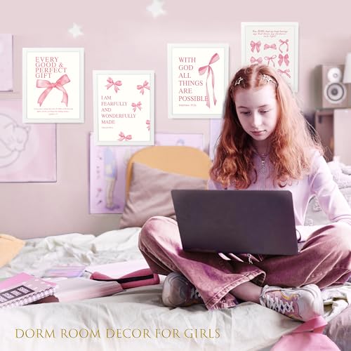 LARTSFRO Coquette Pink Bow Wall Art Decor Posters, Pink Bow Room Bedroom Bathroom Dorm Wall Art Decor Aesthetic for College Teen Girls Gifts, Inspirational Bible Verses Bow Wall Decor, 10x8 Inch Set of 4 Pcs Bow Pictures (WHITE FRAMED) - color: White-Fram