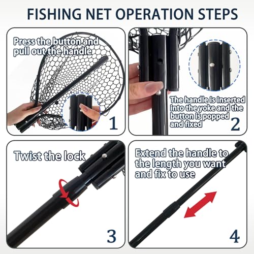 All Metal Telescoping Rubber Fishing Net with Handle Length: 59" Depth:19.7" Hoop: 26"x18" Large Silicone Fish Landing Net Pier/Kayak/Fishpond/Saltwater/Salmon Extendable Fishing Gear - color: Black with a Extra Replacement Net