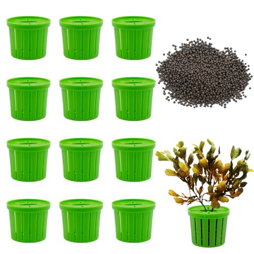 12 PCS Aquarium Plant Weights with Substrate, Anti-Floating Plastic Aquatic Plant Holder Baskets, Plant Fixed Ring Set for Fish Tank Landscaping Decoration, 1.65 x 1.47 Inch