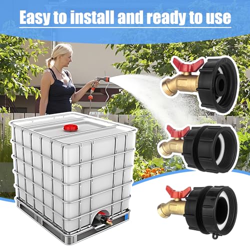 wantmatch IBC Tote Hose Adapter 275-330 Gallon IBC Tote Water Tank Fittings,1/2" NPT x 3/4" GHT Brass Garden Hose Valve with 3 Adapter,Apply to IBC Containers, Ton Barrels - color: Red handle Valve