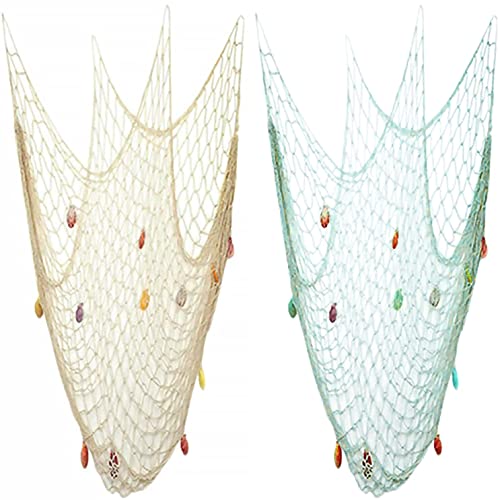 Nature Fish Net Wall Decoration with Shells, Ocean Themed Wall Hangings Fishing Net Party Decor for Pirate Party,Wedding,Photographing Decoration (2pack-Beige/Aqua) - color: 2pack-beige/Aqua