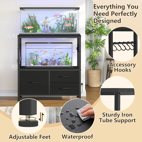 Heybly 20-29 Gallon Fish Tank Stand, Aquarium Stand with Drawer, Power Outlet, Heavy Duty Metal Frame, for Fish Tank, Turtle & Reptile Terrarium, 31.5" x 15.7" Top, 330lbs, Black HAS001BK - color: Black, size: 20-29 gal