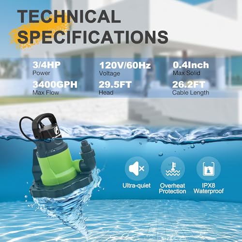 FLUENTPOWER Automatic Pool Cover Pump, 3/4HP 3400GPH Submersible Above Ground Water Removal Pump with Check Valve Adapter, 26FT Power Cord for Pool, Hot Tub, Rooftop, Water Bed, Basement Draining - style: 3/4HP 3400GPH Automatic Sensor