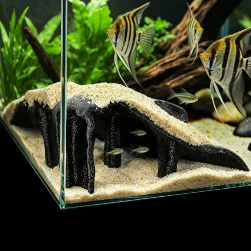 Aquarium Cave Fish Tank Cave Decor Corner Hide – PETG Reptile Hideout with 500g Sand, Mangrove Root Texture for Fish Shrimp Gecko Lizard, Fish Tank Decor 7.5x7.5x4 Inch (Black)