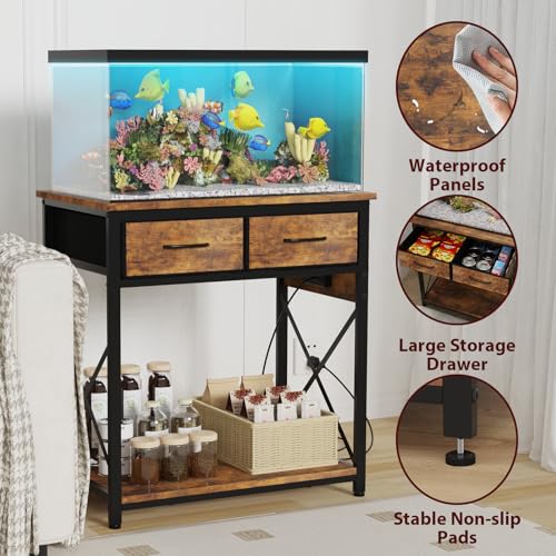 20-29-37Gallon Fish Tank Stand with Power Outlet, Heavy Duty Metal Aquarium Stand with Two Storage Drawers for Fish Tank Accessories Storage, Perfect for Turtle Tank, Reptile Terrarium, Brown - color: Brown, size: 20-29-37 Gallon