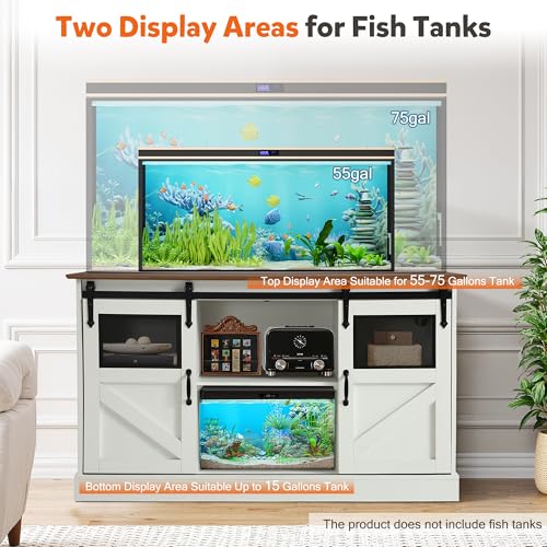 Fish Tank Stand with Power Outlet, Aquarium Stand w/Sliding Barn Doors, 55-75 Gallon Fish Tank Stand w/Cabinet for Accessories Storage for 2 Fish Turtle Tank Reptile Terrarium, 1000 LBS (White) - color: White