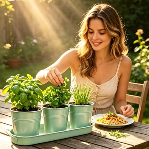 TCBWFY Indoor Herb Garden Planter Set - 3 Pack 4.7" Green Metal Plant Pots with Drainage Holes & Removable Tray - Windowsill Kitchen Counter Balcony Office Garden - color: Green