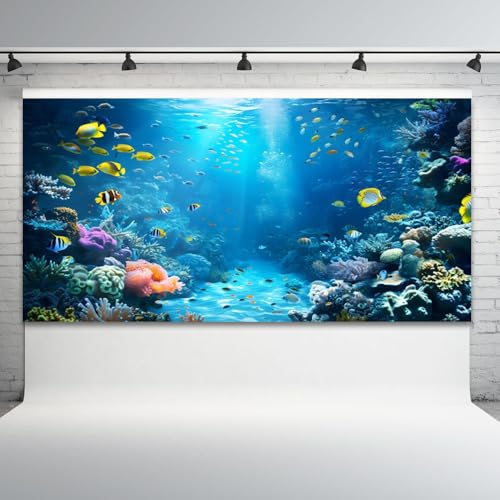 Under The Sea Backdrop 20x10ft Ocean Backdrop Underwater World Colorful Tropical Fish Coral Aquarium Deep Sea Sunlight Photography Background Birthday Under The Sea Party Decorations Photo Props - color: Blue2, size: 20x10ft