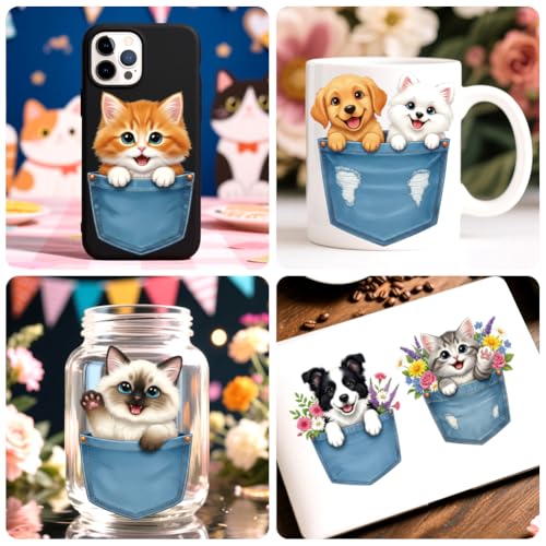 Peacoblue 18 Sheets Rub on Transfers for Crafts, Pocket Cats and Dogs 3.6"x3.9" UV DTF Cup Wraps Waterproof Cold Transfers Stickers for Wood Glass Metal Cup Tumblers Mirrors Mugs Home Decor - style: Pocket Cats and Dogs