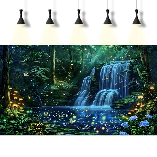 Waterfall Aquarium Background Enchanted Fantasy Forest Shimmering Fireflies Fish Tank Background Majestic Tranquil Lake Stream Reptile Tank Backgrounds Neon Lights Fish Terrarium Backgrounds 24x12in - color: Green_Blue, size: 24(W)x12(H)inches/ 60(W)*30cm