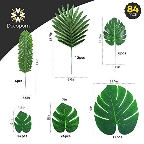 Decopom Palm Leaves Artificial Tropical Monstera-84Pcs 6 Kinds Large Small Green Fake Palm Leaf with Stems for Safari Jungle Hawaiian Luau Party Table Decoration Wedding Birthday Theme Party - style: 84 Pack